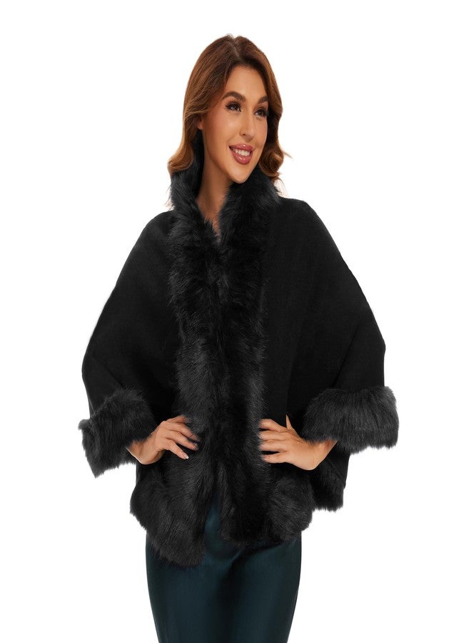 FlyGulls Women's Black Faux Fur Shawl Bridal Wrap for Evening and Wedding Dresses - Luxury Cape for Winter Parties (Black) - Image 2